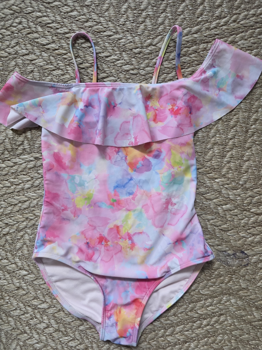 Girls' Pink Watercolor Ruffle One-Piece Swimsuit